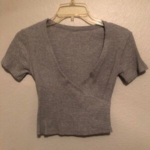 Gray Ribbed Wrap Top